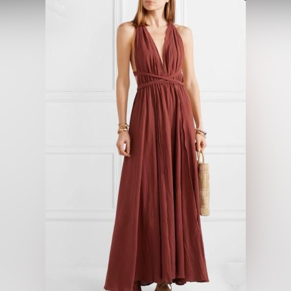 Caravana Hera leather-trimmed cotton halterneck maxi dress burgandy red  $775 OS